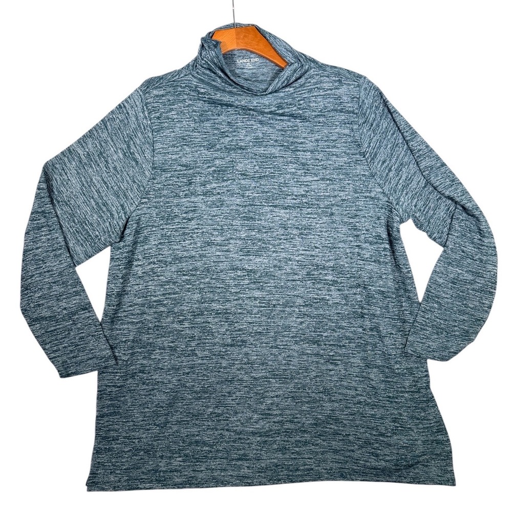 Lands End Womens 2X Space Dye Mock Neck Long Sleeve Top Blue Green 504701